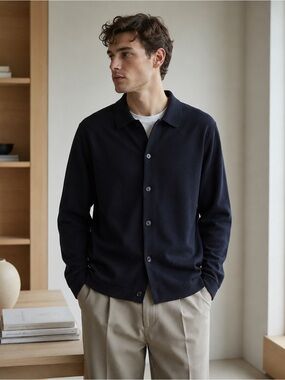 Cashmere wool blend long sleeve button sweater polo navy blue size medium